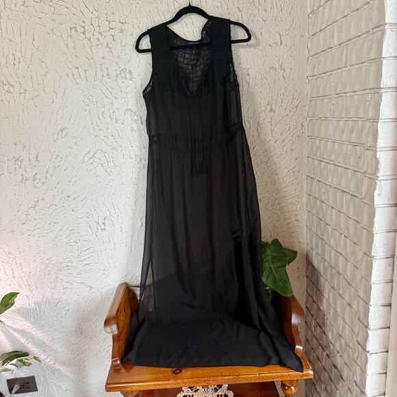 American Eagle Dresses & Skirts - American Eagle Black Chiffon Boho Dress Sze Lrg Sheer Crochet Tassel Festival